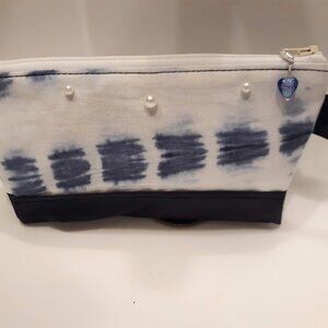 New Clutch travel Hanging make-up bag Blue Tie Pearl dye 7" Wristlet GlassesSize